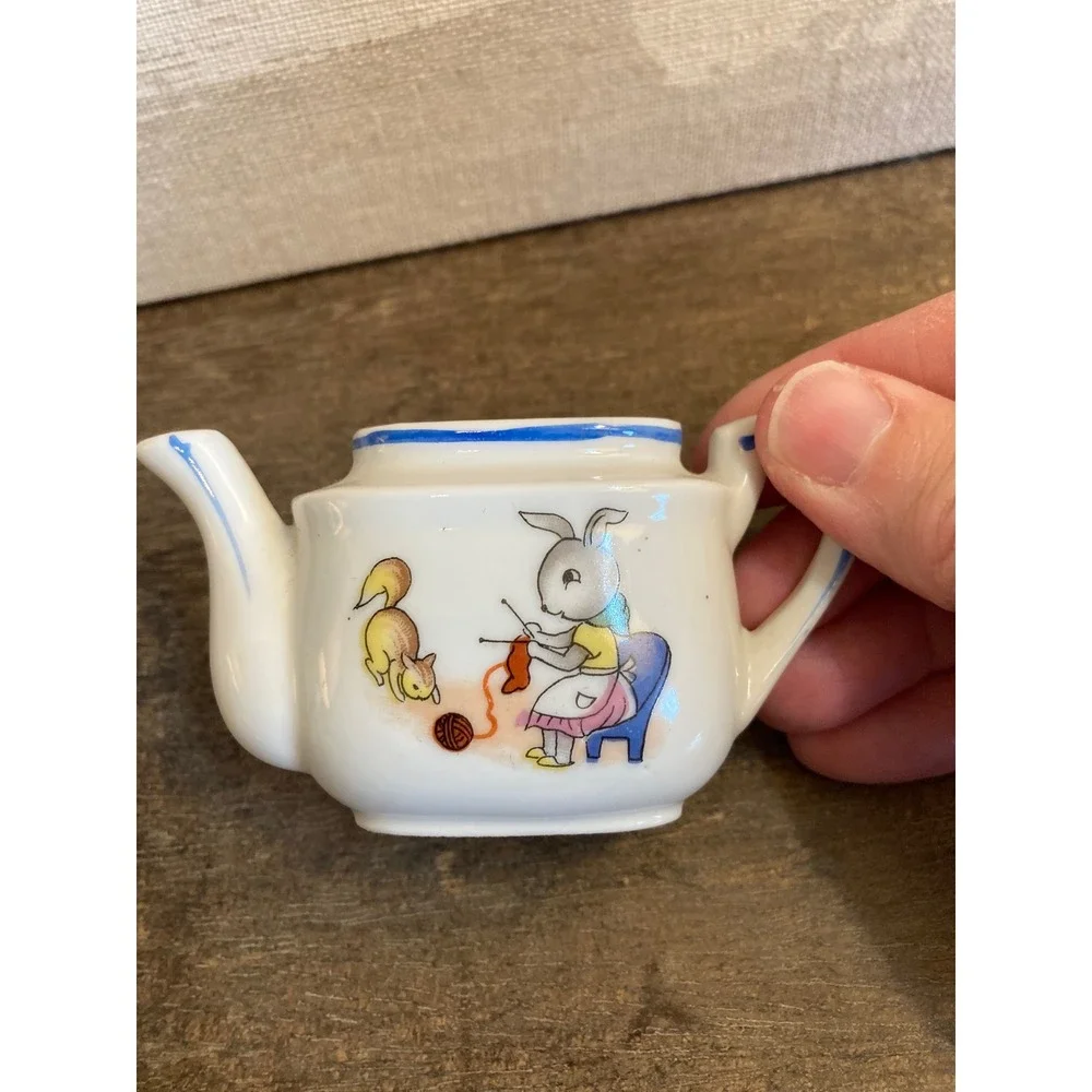 Vintage Miniature Porcelain Tea Set Bunny Squirrel Knitting Made in‎ Japan 8pc
